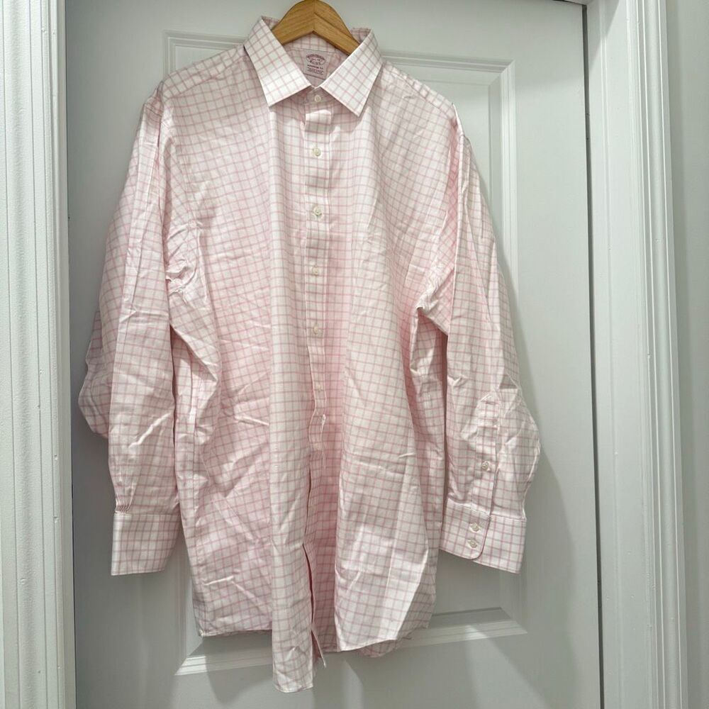 New Brooks Brothers Plaid Blue and White Button Front Madison Fit Shirt Size 18.